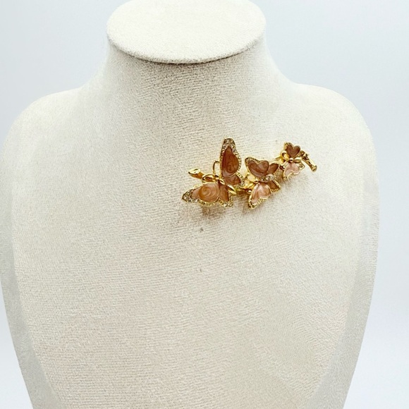 Vintage 90s Avon Butterflies Trio Enamel Swirls Rhinestones Gold Tone Brooch - Picture 7 of 7